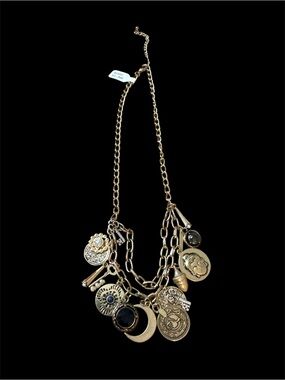 Gold Multi-Charm Crescent & Coin Statement Necklace - Women